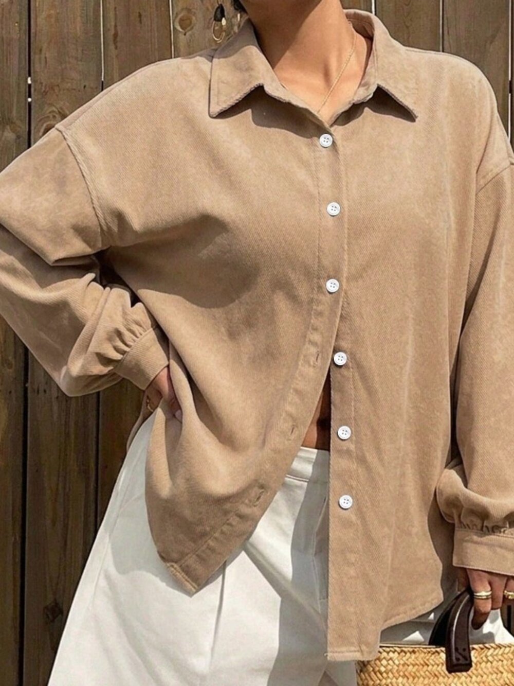 Khaki Casual Women's Plus Size Light Wash Denim Shirt with Back Slit Tie Detail